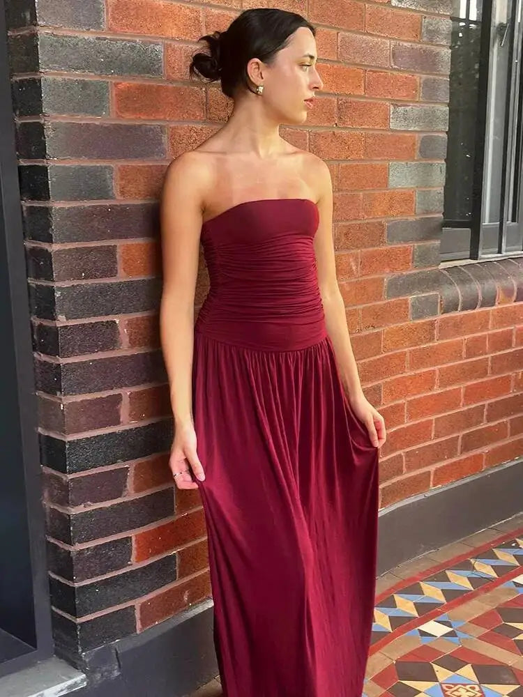 Mozision Off-shoulder Strapless Pleated Sexy Maxi Dress Women.