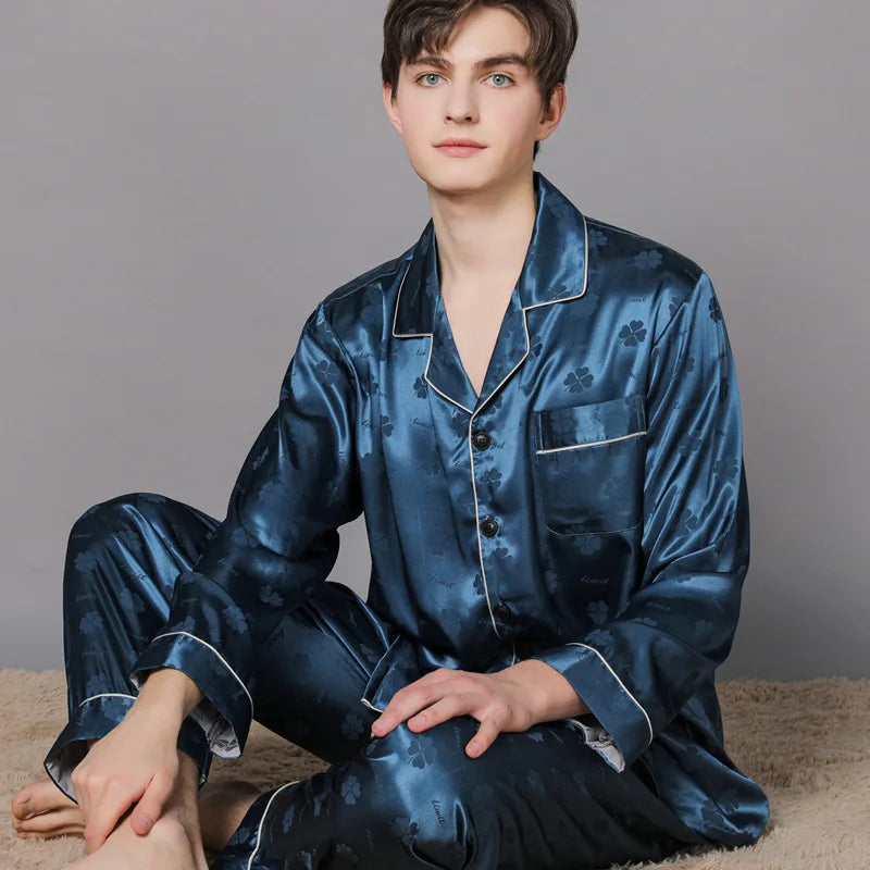 Men Ice Silk Pajamas Suit Summer Plus Size.