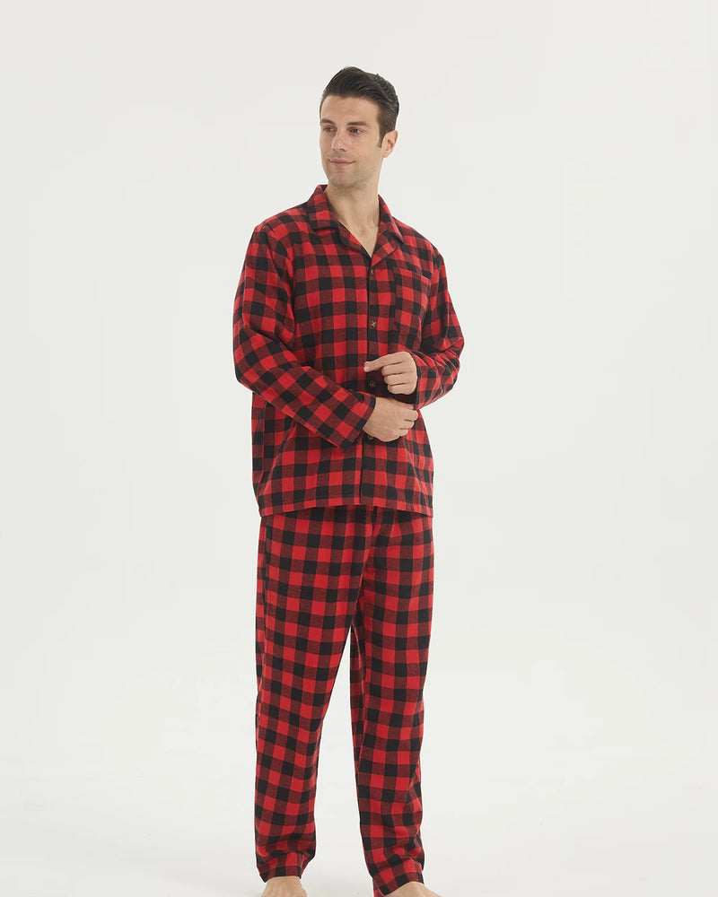 Mens Flannel Pajama Sets Cotton Plaid Pajamas for Men Pjs Set.