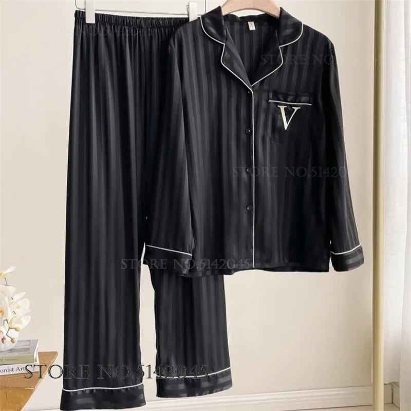 Female 2pcs Pajamas Set Sleepwear Long Sleeve Trouser Pijamas Suit.