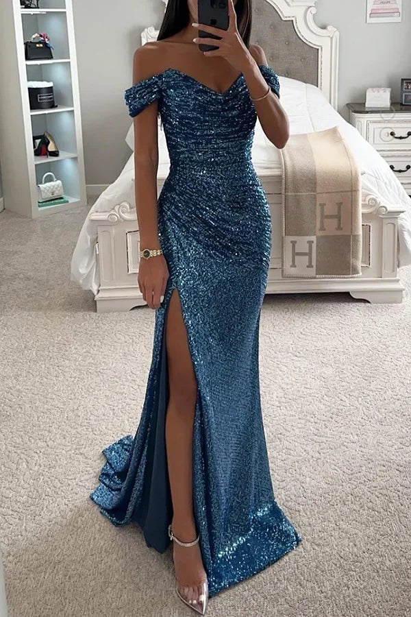 New Party Sequins One line Neck Split Dress INS Casual Versatile Fashionable Charming Slimming Dress.