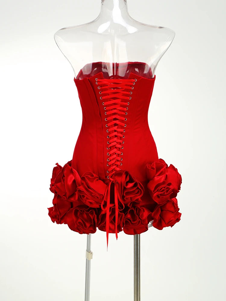 VC Christmas Dress Strapless Backless Red Structured Floral Embellished Mini Length.