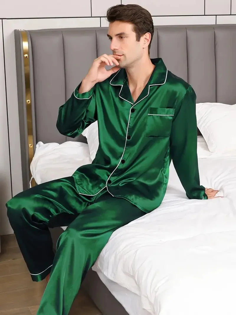 Men Pajamas Set Silk Satin Nightwear Shirt Long Sleeve.