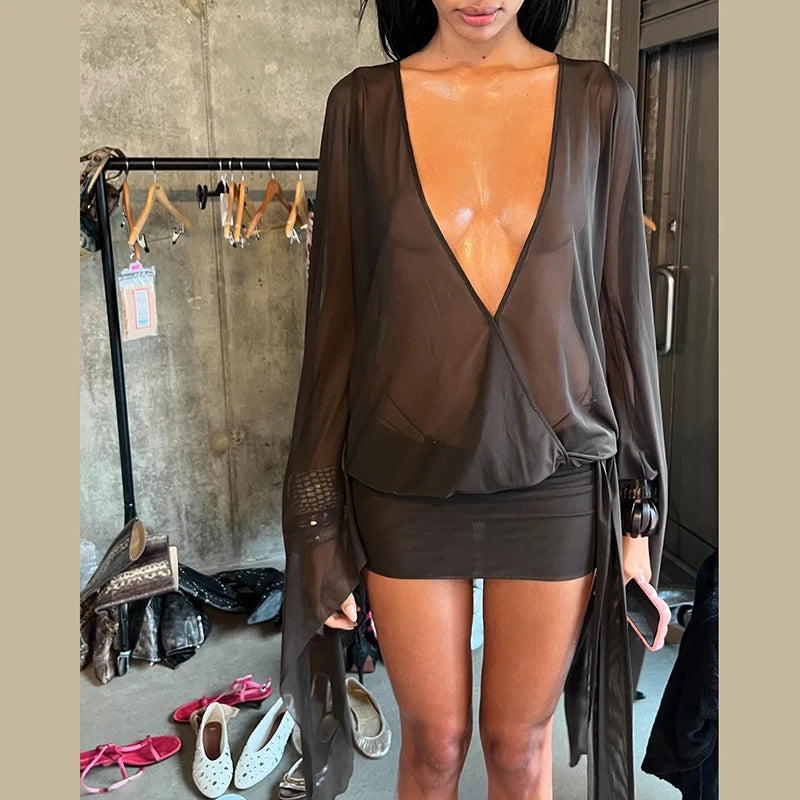 Women’s Mesh Irregular  Mini Dress Sexy See Through Chic.