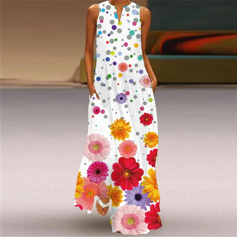 3D Floral Printed Dress Summer Vintage V-neck Sleeveless Loose Maxi Dress Elegant.