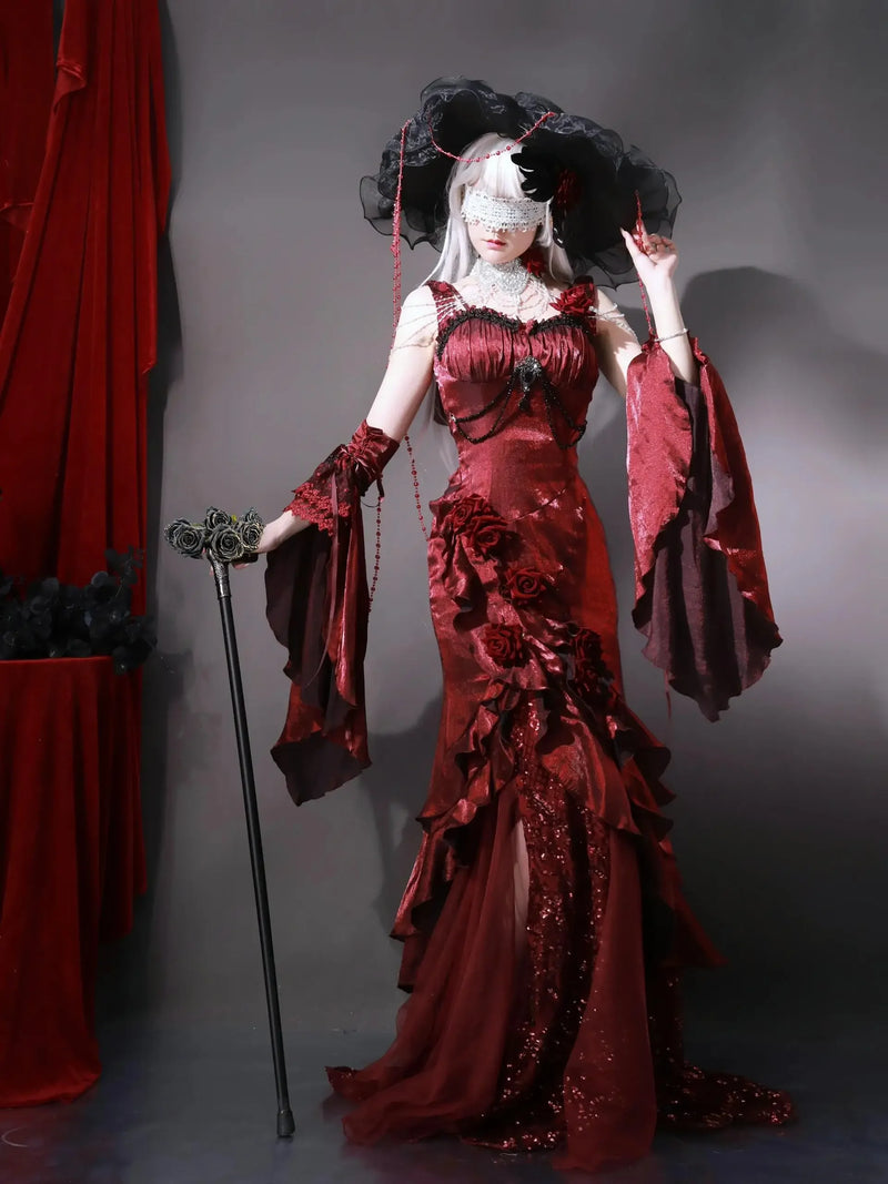 Women’s Red Rose Lolita Slimming Long Asymmetrical Fishtail Dress.