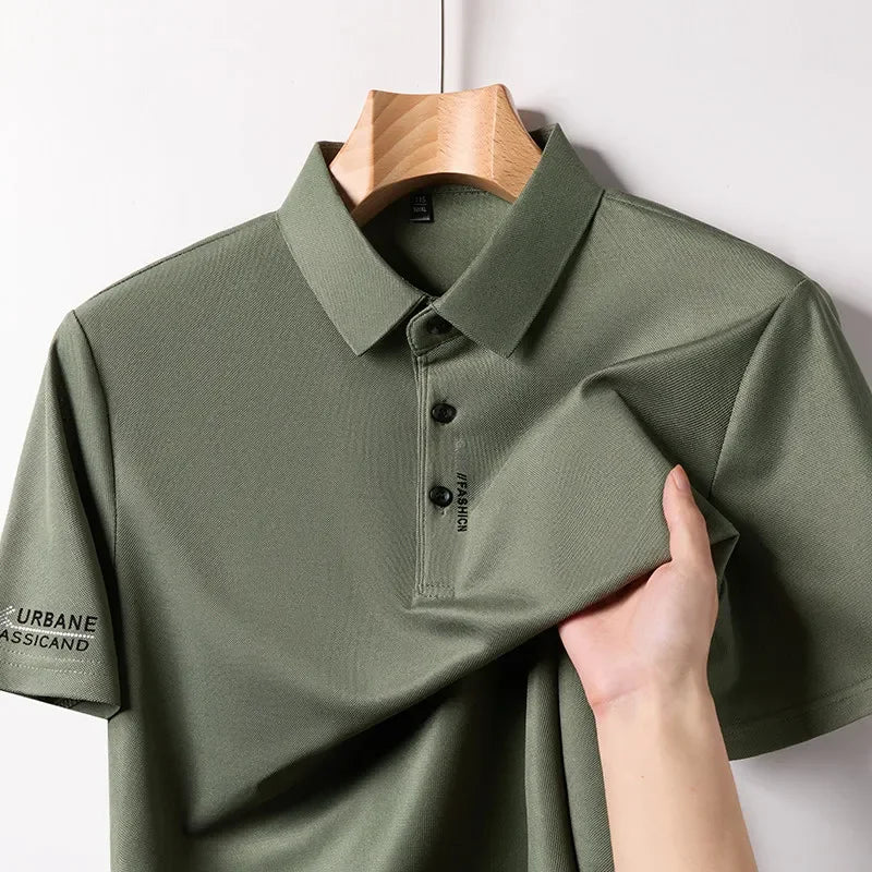Men's Business Casual Short Sleeved Shirt with Badge Solid Color Polo Shirt.