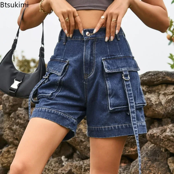 Women's Summer Jeans Shorts High Waisted Wide Leg Denim Pants.