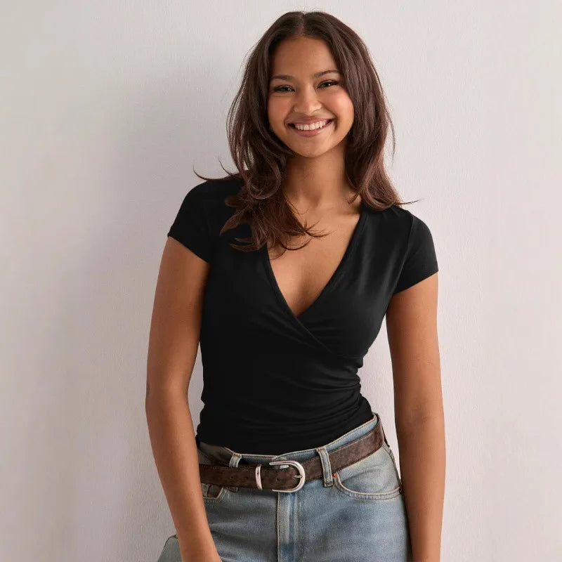 Women's T-Shirt Solid-Color Slim-Fit V-Neck Short-Sleeve Top Y2k .
