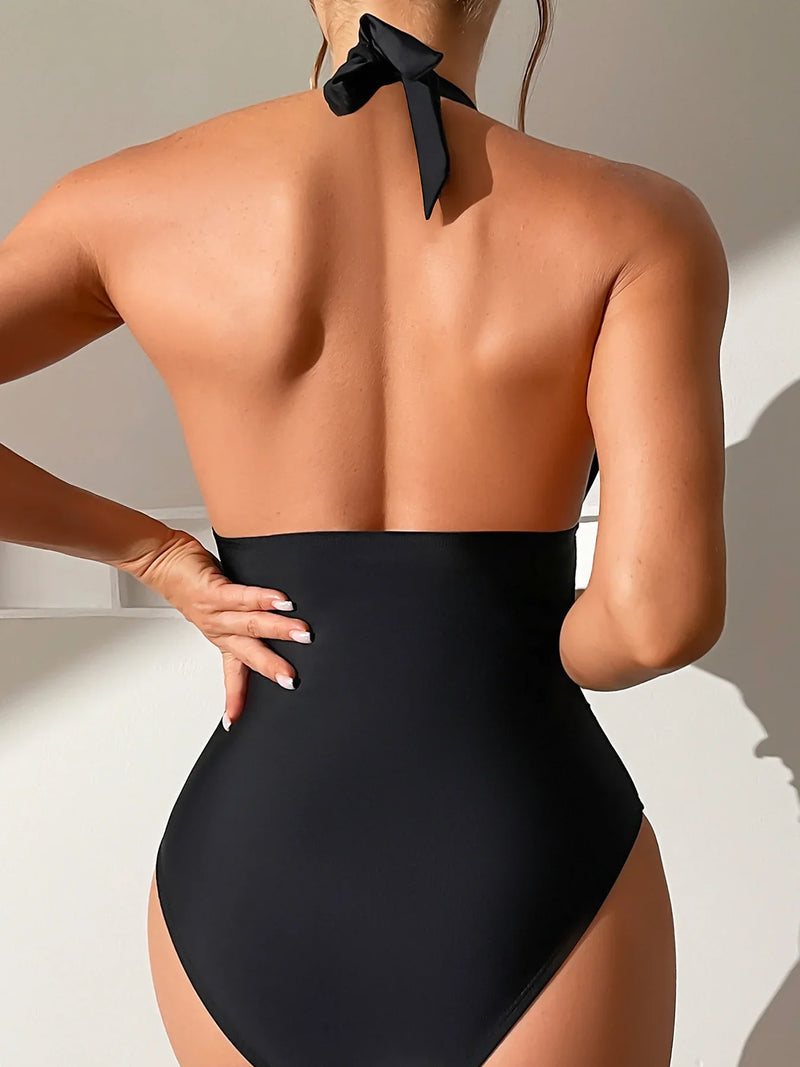 Vigorashely Sexy Solid Halter Tied Swimwear Women V Neck Push UP High.