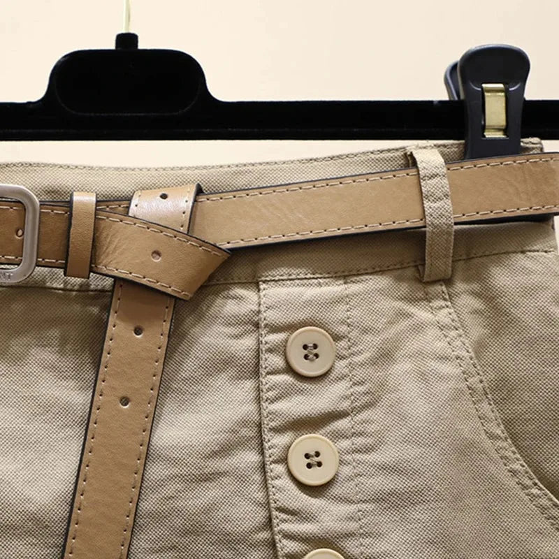 Chic Shorts Women Belt Korean Solid Buttons Side Slit A-line Streetwear.