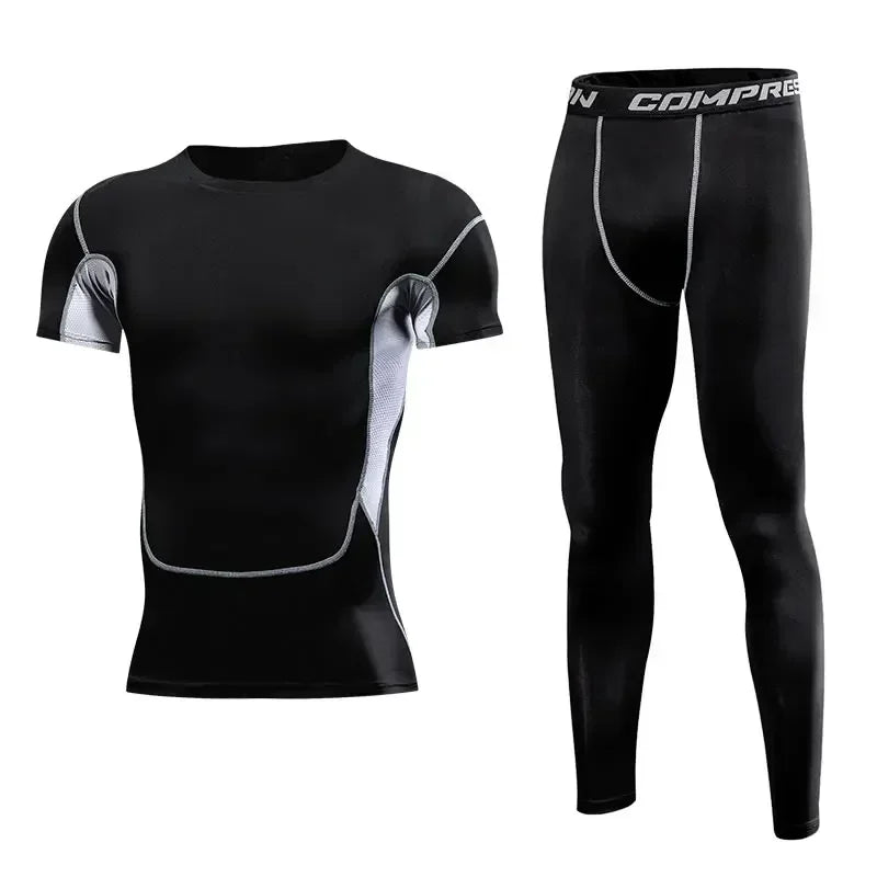 Men Sports Running Set Compression Shirt + Pants Skin-Tight Long Sleeves.