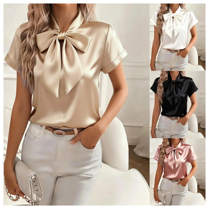 Women's Solid Satin Blouse Summer Fashion Bow Tie Lace Up Neck.