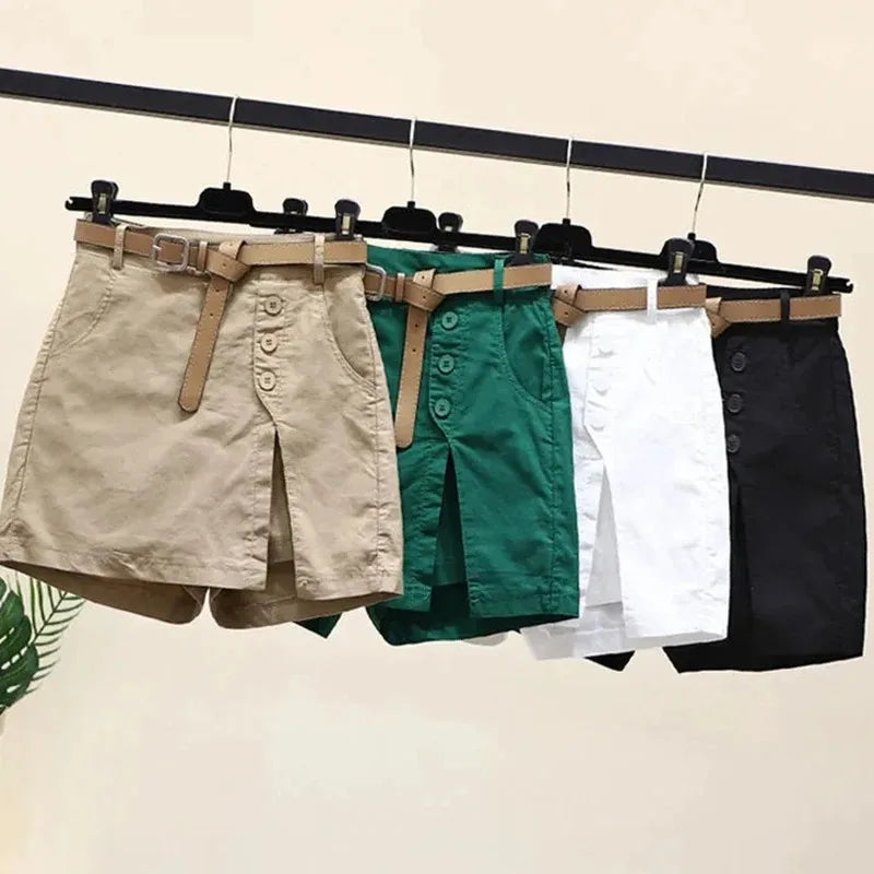 Chic Shorts Women Belt Korean Solid Buttons Side Slit A-line Streetwear.