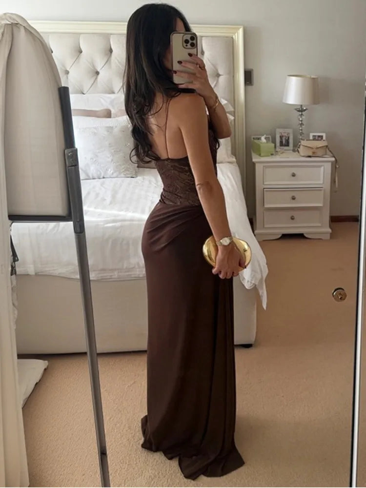 Women’s Mozision One Shoulder Lace See Through Sexy Maxi Dress.