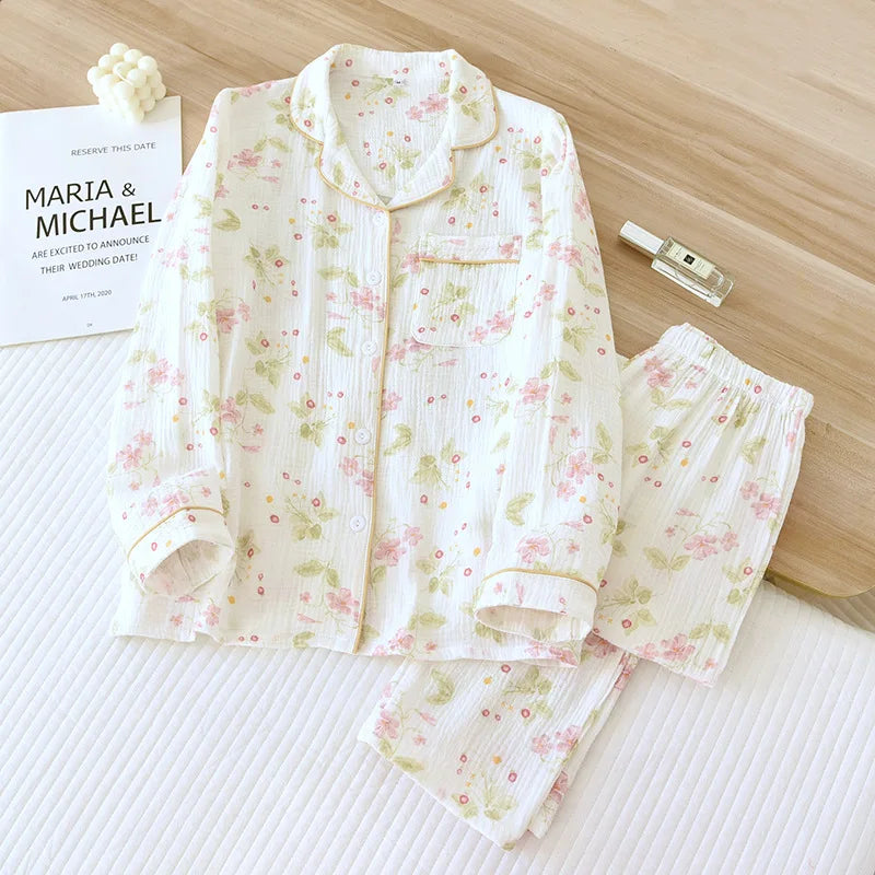 Women's Pajama SetCotton Crepe Cute Love Long Sleeve Long Pants.