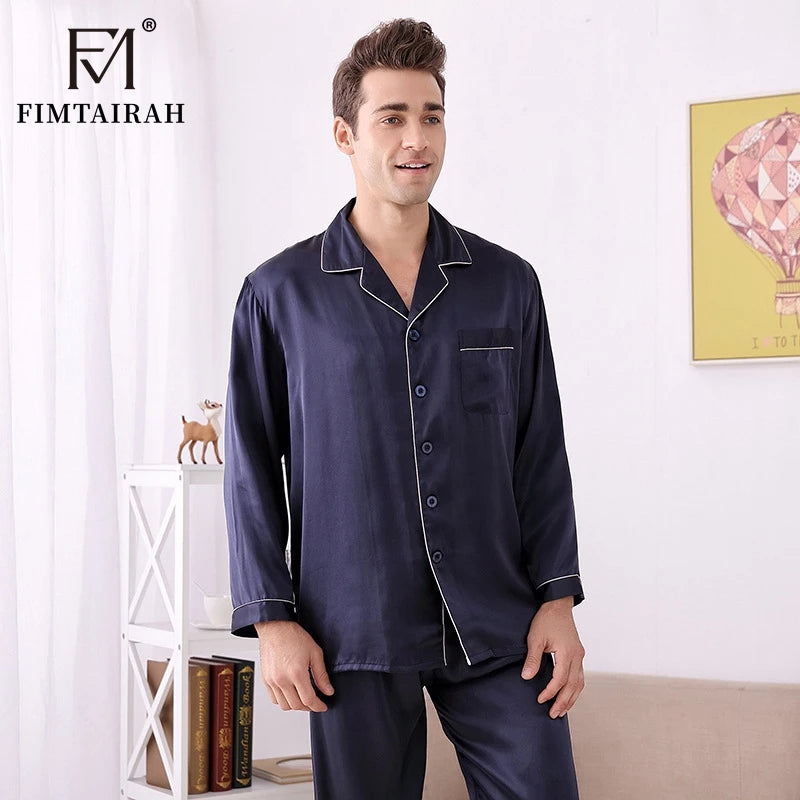 Men's Two Sets Sleepwear Summer Soft Long Sleeve  Home Wear  Mulberry Silk Pijimas.