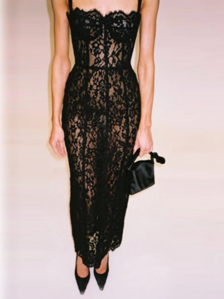 Sexy Spaghetti Strap V Neck Lace Long Dress Women.