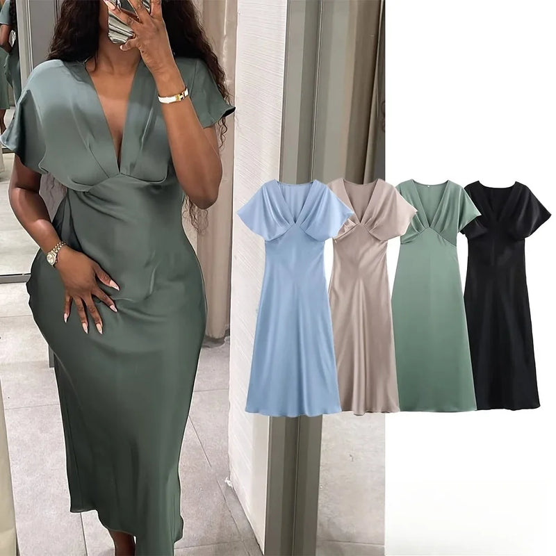 Women’s Sexy V Neck Satin Long Dress.