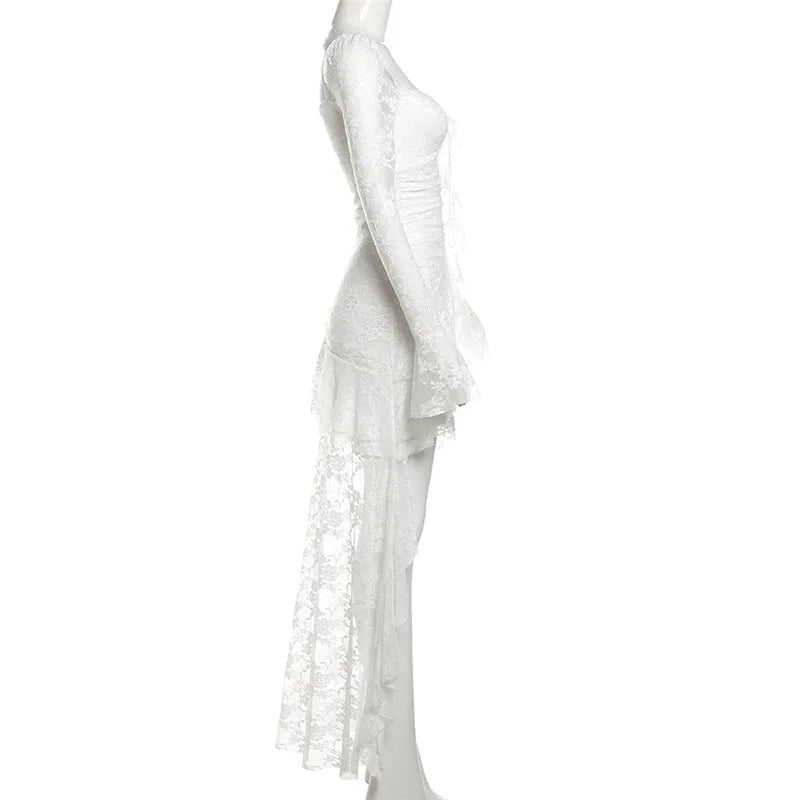 Women’s Goth Dark Fairycore Lace Flare Sleeve Square Neck A-line Dress.