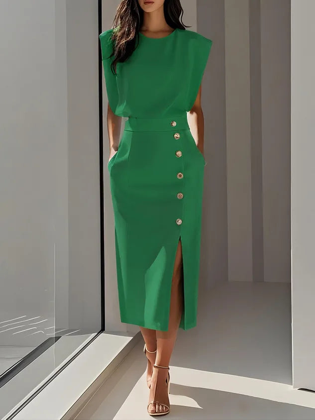 Fashion Women's Tank Dress Elegant Single Breasted Solid Casual.