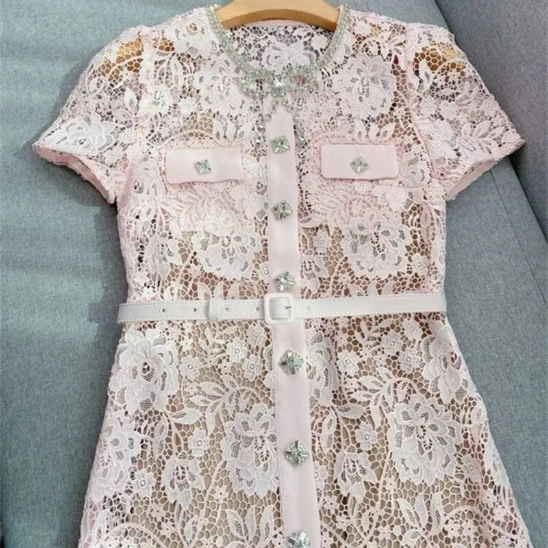 Women’s Lace Midi Dress Diamonds Bow Pink Floral Crystal Short Sleeve.