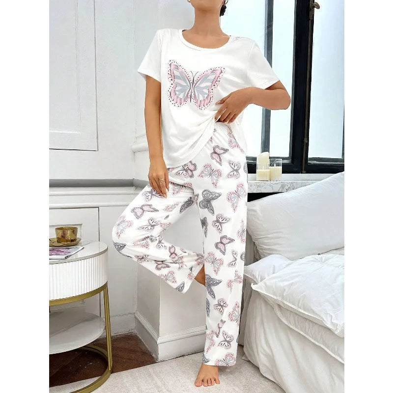 Women's Butterfly Print Pajamas Set Short Sleeve Top And Trousers 2 Piece.
