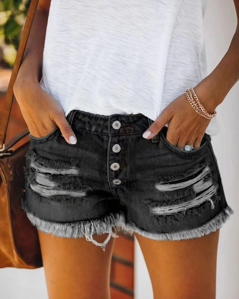 Denim Shorts Women Fashion Trendy Hole Tassel Solid Color.