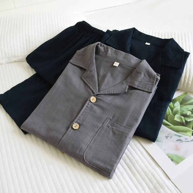 Men's Pajama Set Cotton Gauze Solid Color.