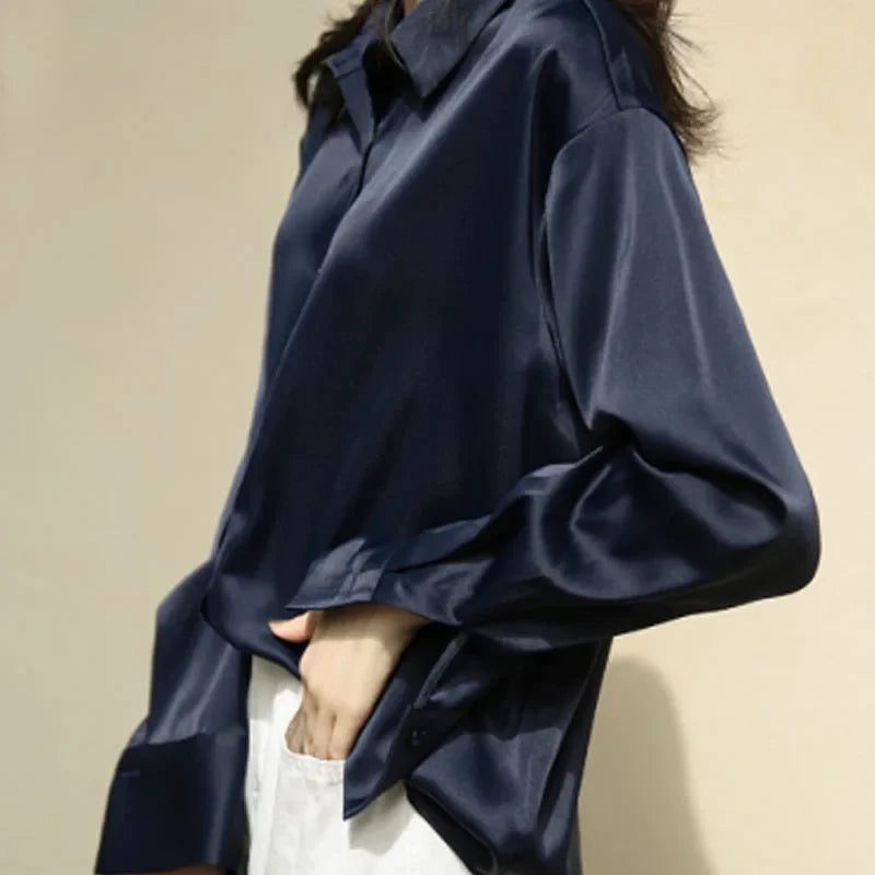 Elegant Satin Loose Women Shirt Spring Turn-down Collar Ladies Blouse.