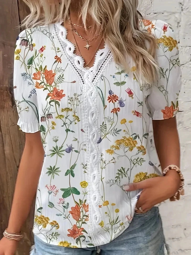 Fashion Casual Vacation Shirt Women Summer V Neck Hollow Out Solid Color.