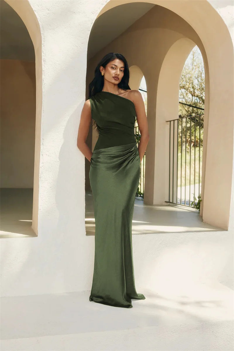 Women’s Mozision Satin Inclined Shoulder Sexy Maxi Dress.