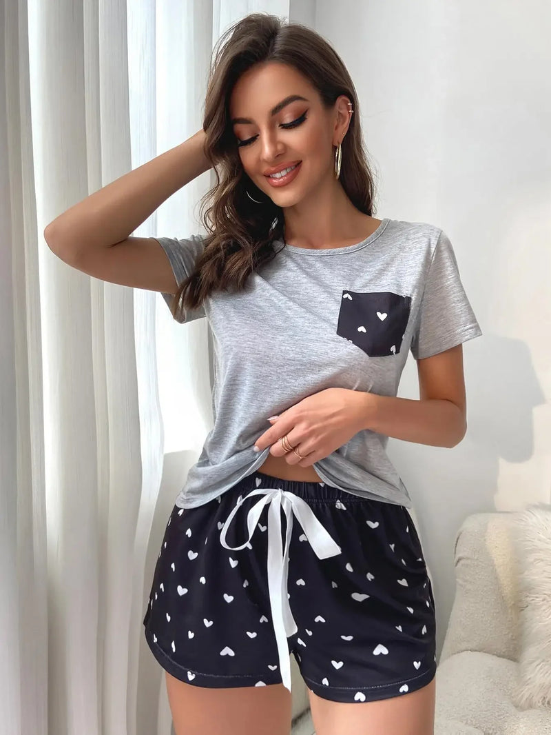 Summer Women's Pajamas Set Screw Neck Tee & Shorts Sleepwear 2 Pieces.