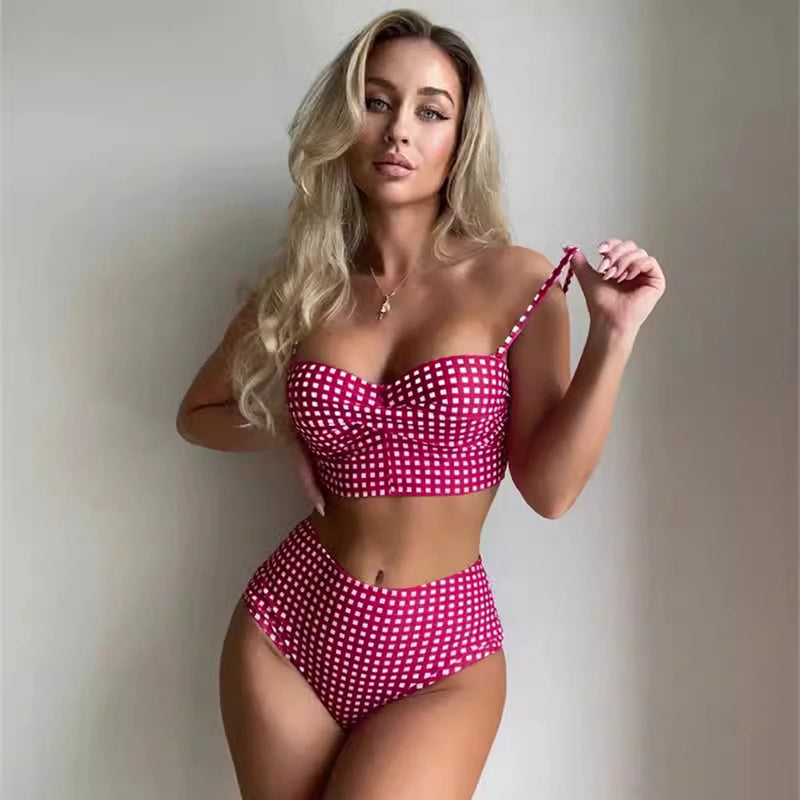Women Sexy Slim Plaid Two Pieces Swimsuit High Waisted Bikini Swimwear.