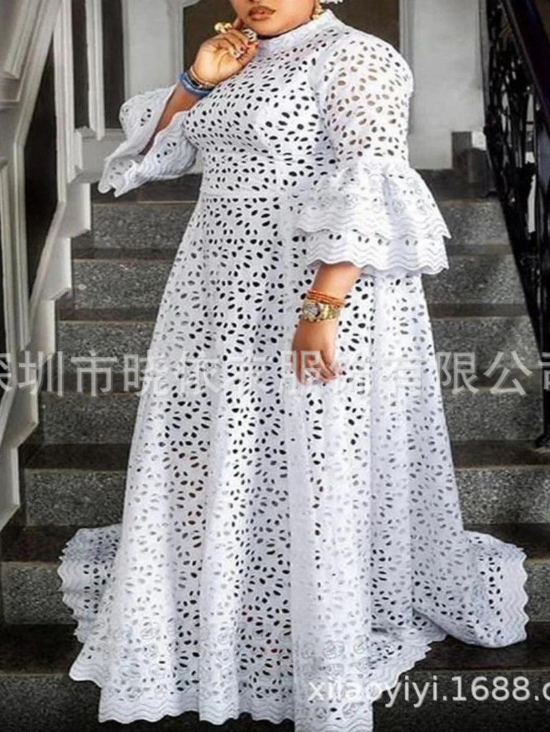 White Dress Women Flare Sleeve O Neck Party Long Maxi Dresses.