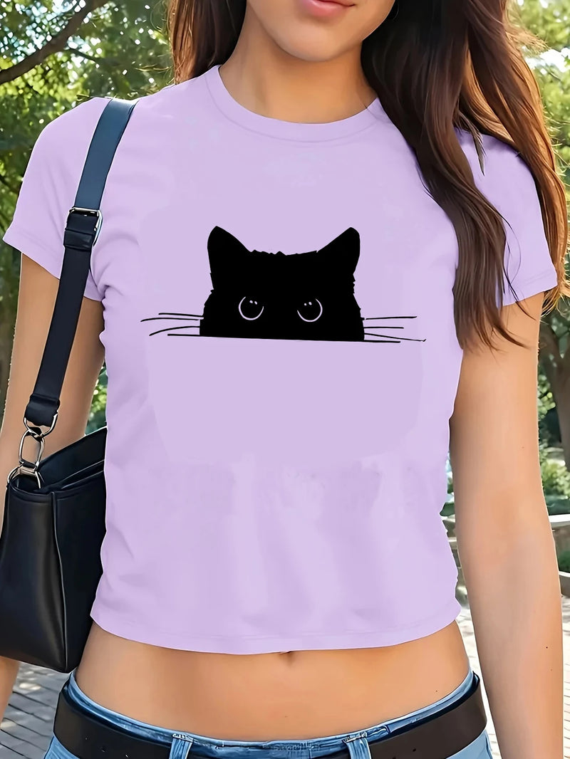 Sexy Cropped Comfortable Cat T Shirt Print Crop Top Short Sleeve Crew Neck.