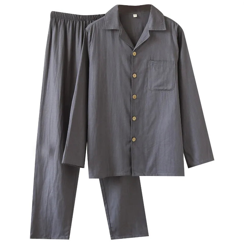 Men's Pajama Set Cotton Gauze Solid Color.