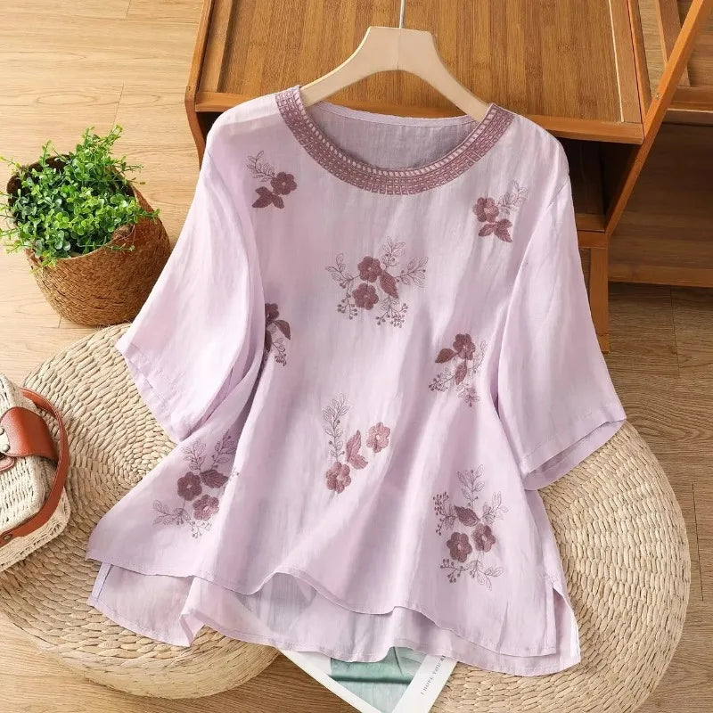Women's Casual Linen Blouse Floral Embroidery Round Neck Short Sleeve.