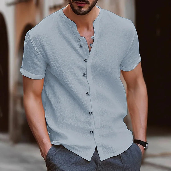 Men's Simple Texture Linen Round-neck Short-sleeve Button-down Solid-color.