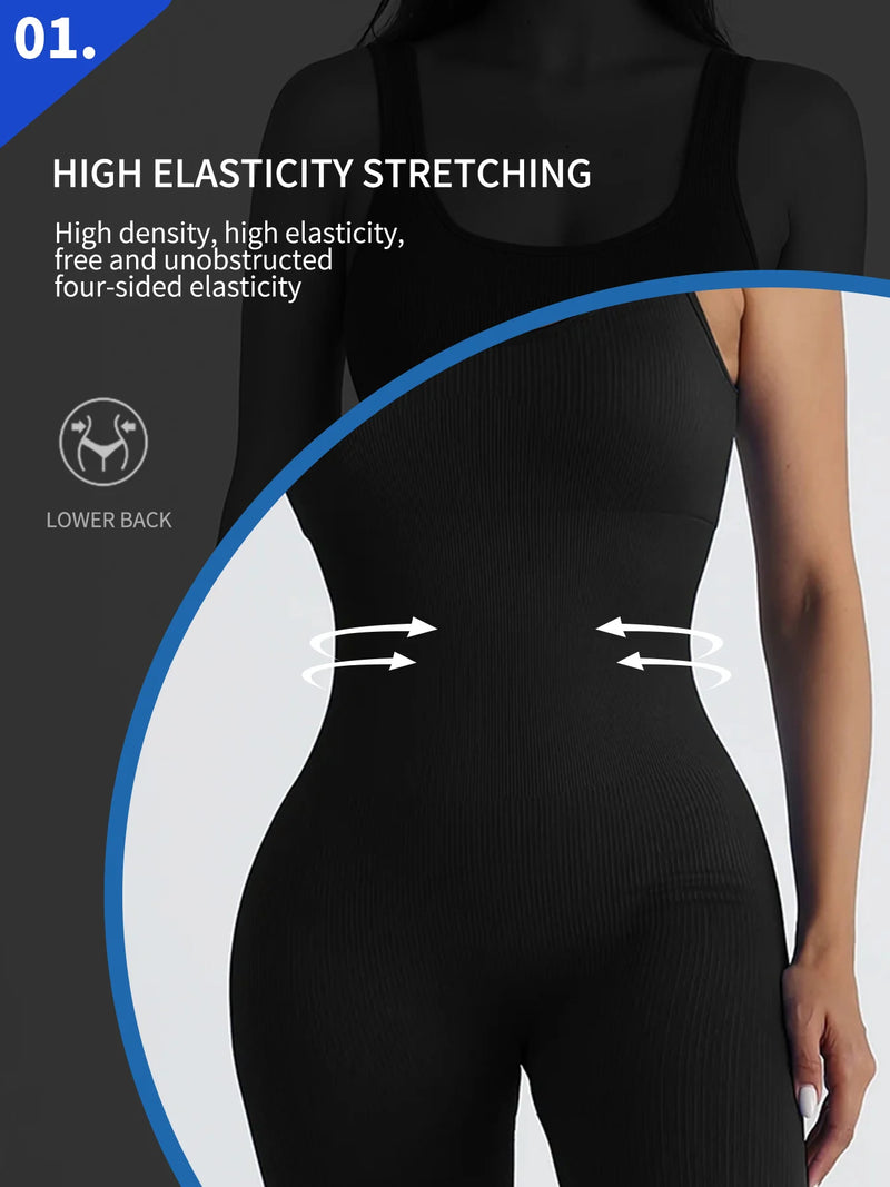 Women Workout Seamless Jumpsuit Yoga Ribbed Bodycon One Piece.