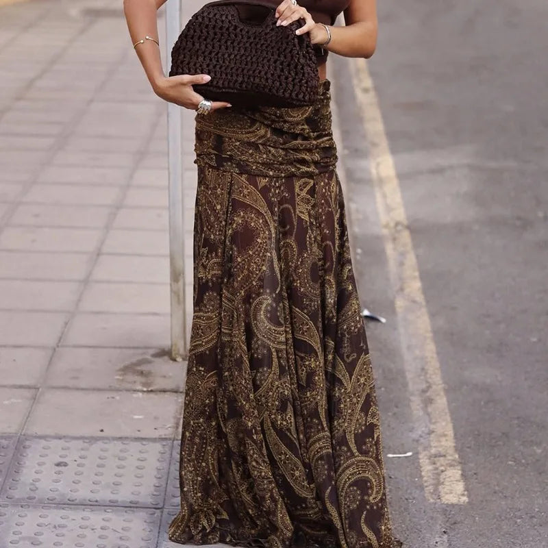 Irregular Printed Big Swing Long Skirts for Women High Waist Buttock.
