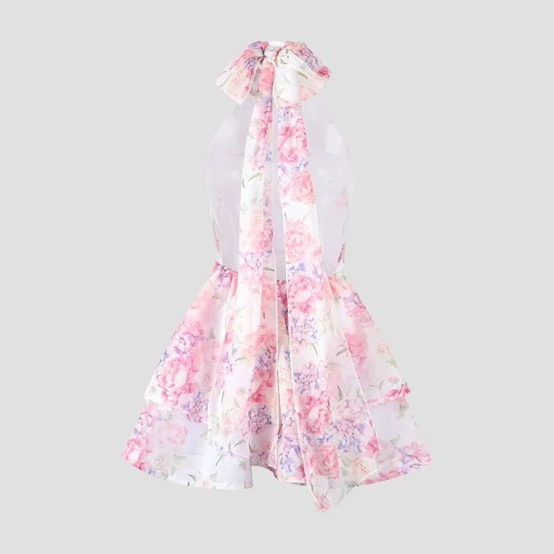 Women’s Chic Floral Printed Mini Dress Backless Sleeveless.