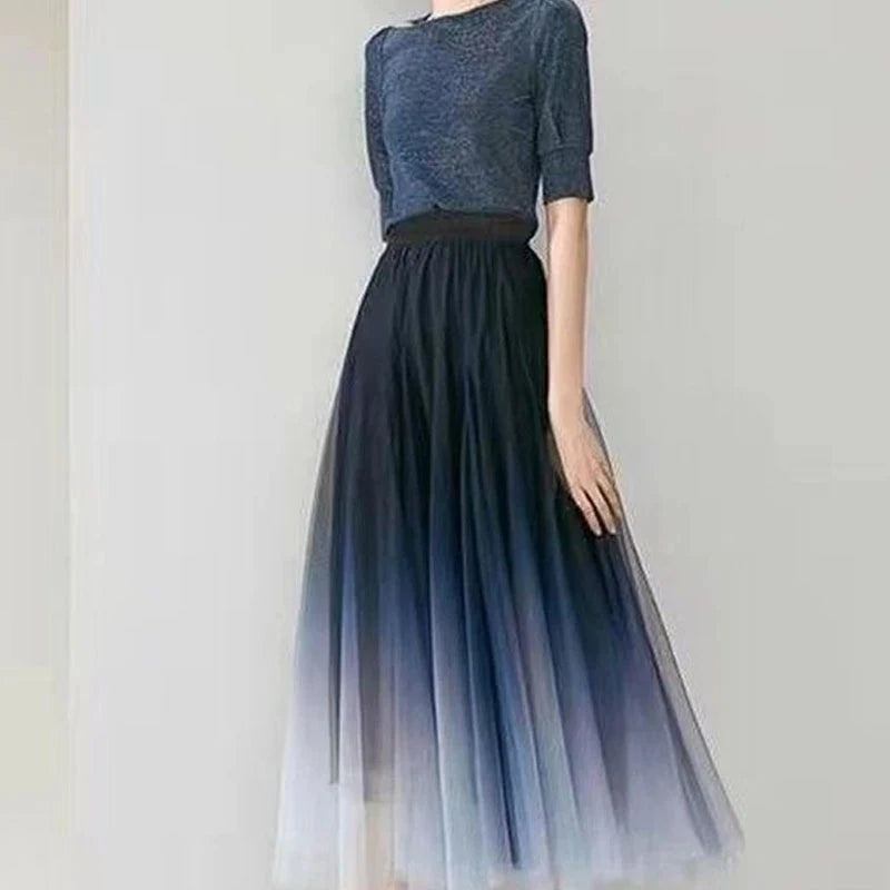 Elegant Tulle Skirts Women High Waist Gradient Mesh Pleated Midi Skirt.