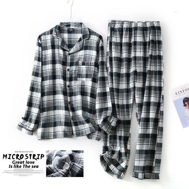 Men's Long Sleeve Plaid Velvet Set Autumn Winter Pajamas.