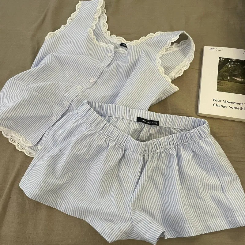 Striped Women Pajamas Summer Sleepwear Sleeveless Shorts Sets 2 Pieces.