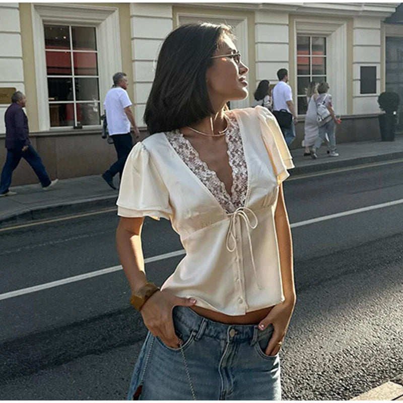 Solid Lace Splicing T-shirt Summer Female Chic Bow Lace-up V Neck.
