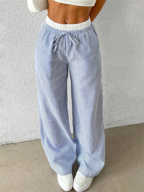 Women's Casual Striped Woven Wide Leg Pants Fall Winter.