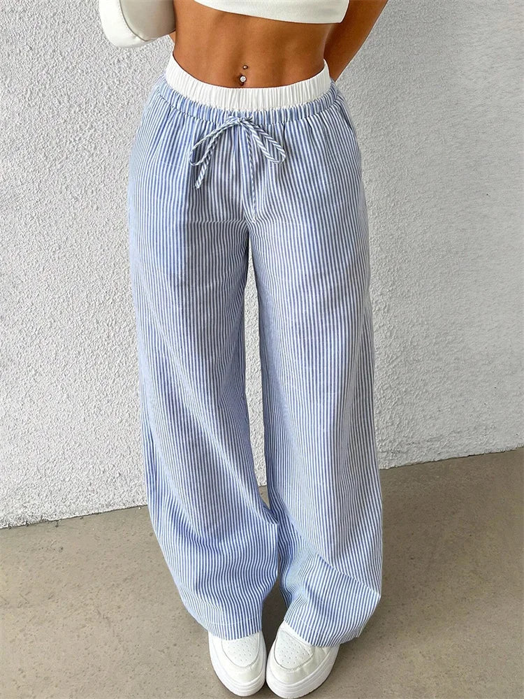 Women's Casual Striped Woven Wide Leg Pants Fall Winter.
