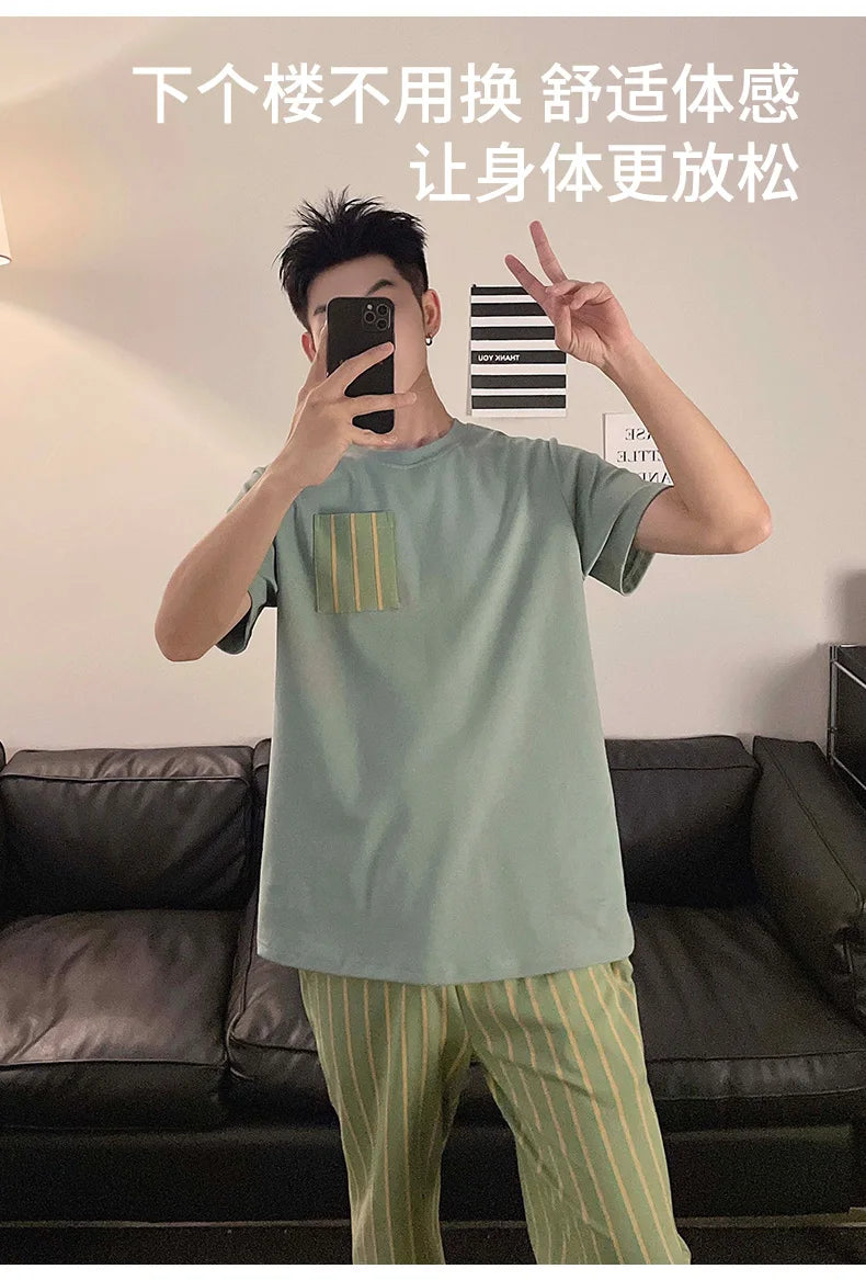 Summer Knitted Plaid Cool Mens Pyjamas Pajamas Casual Pjs Lounge Sets.