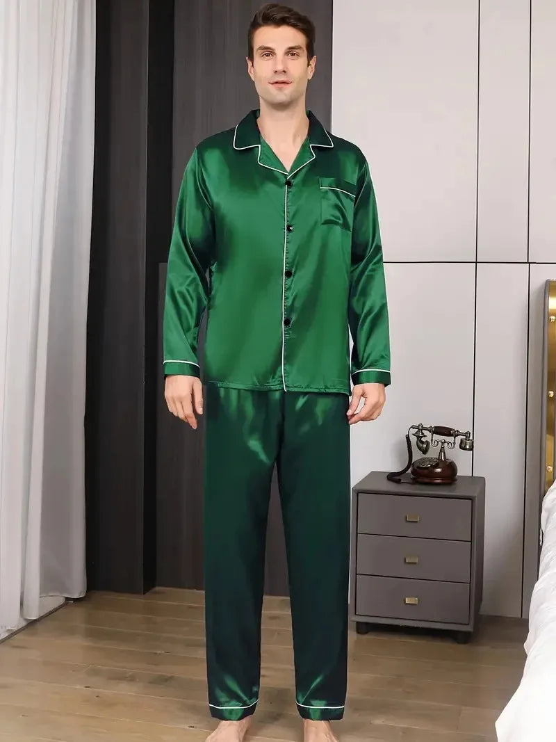 Men Pajamas Set Silk Satin Nightwear Shirt Long Sleeve.